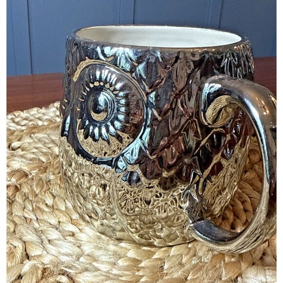 West Elm‎ Owl Mug Silver Metallic Coffee Cup Birds 21 oz Chi Omega Textured - Picture 7 of 9